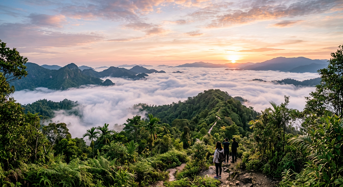 A sea of clouds filling the valleys at sunrise